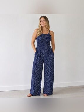 MNG Collection Clover Print Casual Wide Leg Romper Blue Green Size M Pockets